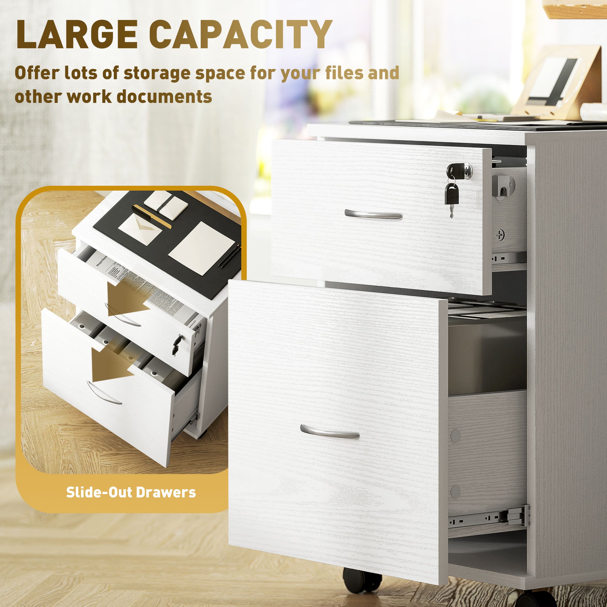 HOMCOM Two Drawer Lockable Filing Cabinet - White Wood Grain 