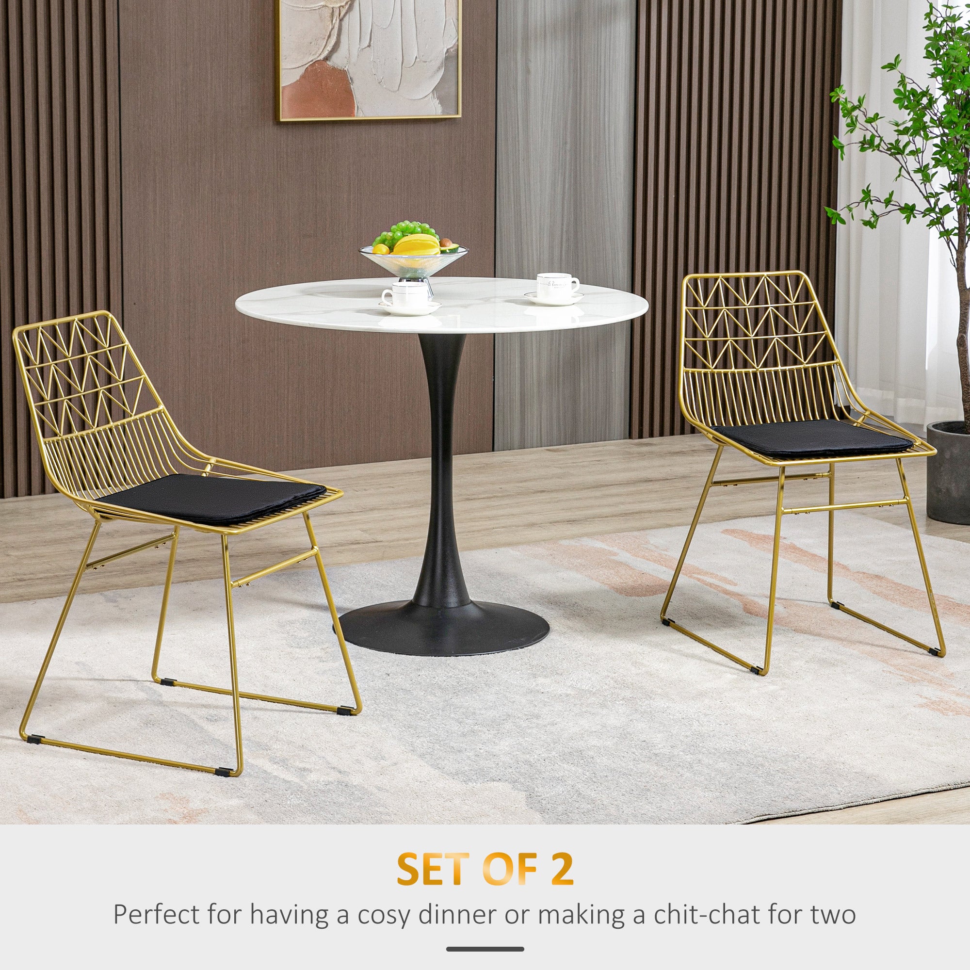 HOMCOM Luxurious Dining Chairs Set of 2, Metal Wire Kitchen Chair with Removable Velvet-feel Cushion, Cut-out Back and Steel Frame for Dining Room, Gold Tone 