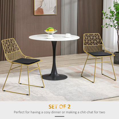 HOMCOM Luxurious Dining Chairs Set of 2, Metal Wire Kitchen Chair with Removable Velvet-feel Cushion, Cut-out Back and Steel Frame for Dining Room, Gold Tone 