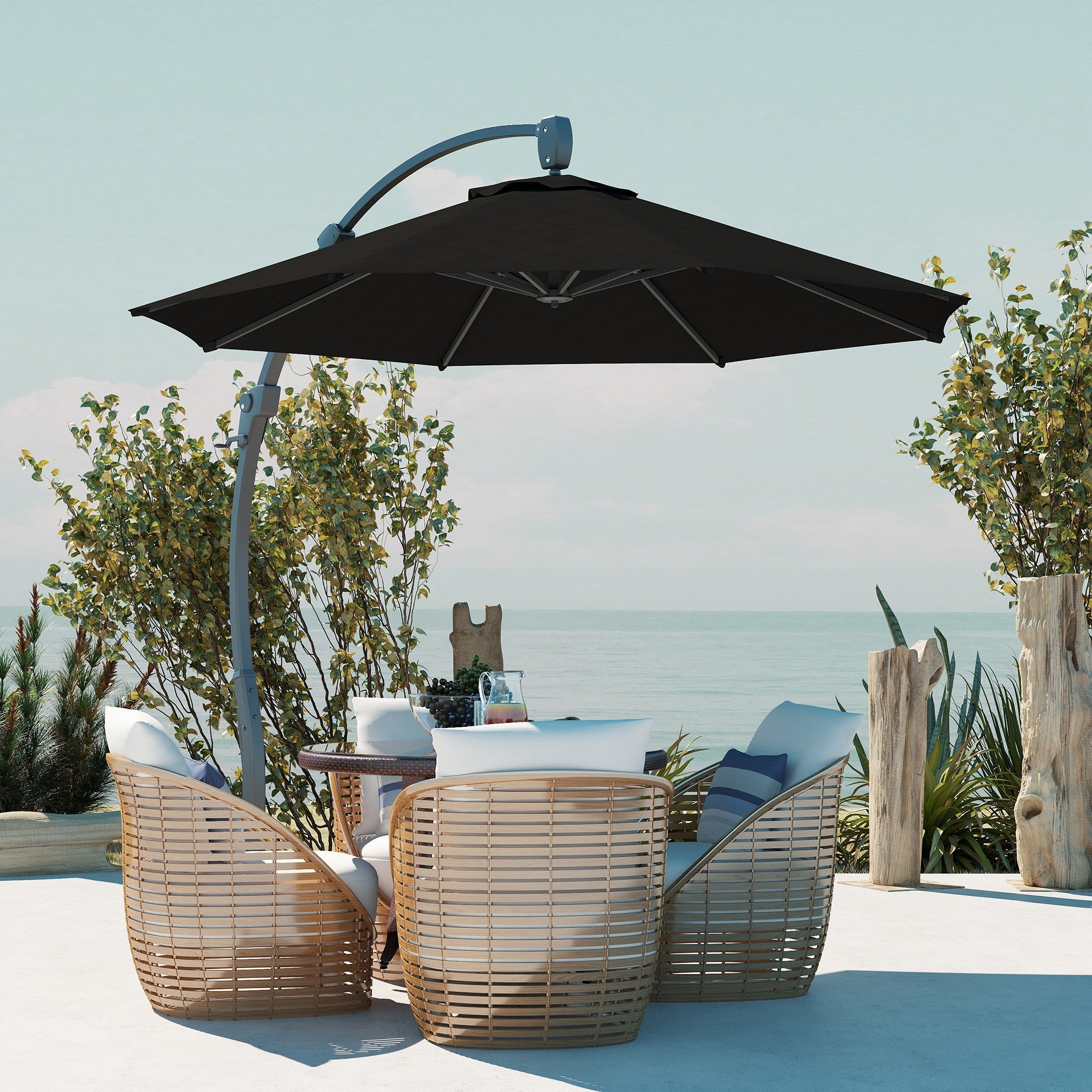 Outsunny 3(m) Garden Cantilever Parasol, Round Overhanging Umbrella with Crank Handle, Cross Base, Aluminium Frame and 360° Rotation, Banana Patio Umbrella for Outdoor Sun Shade, Black 