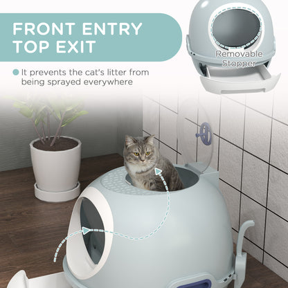 PawHut Cat Litter Box Toilet with Litter Scoop Enclosed Drawer, Front Entry Top Exit, Easy To Clean Blue 
