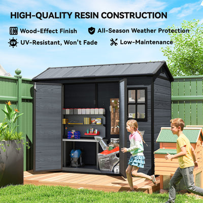 Outsunny 8 x 4 ft Resin Garden Shed, Wood-Effect Outdoor Storage Shed with Floor, Windows, Lockable Doors and Vents, Dark Grey 