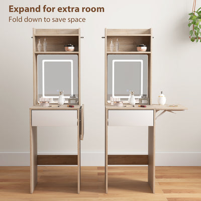 HOMCOM Small Vanity Desk with Mirror and LED Lights, Compact Dressing Table with Drop Leaf, Open Shelves, Natural Wood 