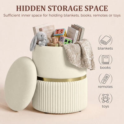 HOMCOM Round Storage Stool, Velvet-feel Fabric Upholstered Vanity Stool with Removable Top, Padded Seat and Hidden Space, Beige