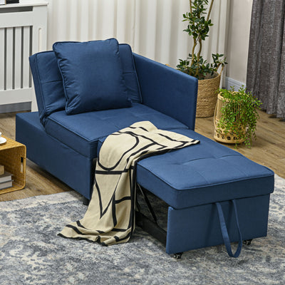 HOMCOM Convertible Single Sofa Bed with Thick Padded Seat, 3-in-1 Multi-Functional Sleeper Chair Bed with Magazine Pocket, for Living Room, Blue 