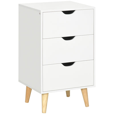 HOMCOM Bedside Table, Bedside Cabinet with 3 Drawers, Small Side Table with Wood Legs and Cut-out Handles for Bedroom, White 
