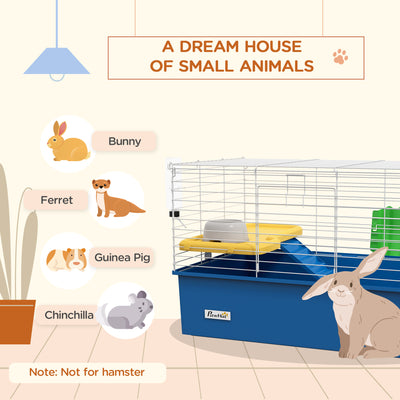 PawHut Chinchillas Small Rabbit Guinea Pig Small Animal Cage, Pet Playhouse, with Platform, Ramp, 71 x 46 x 47cm, Blue 