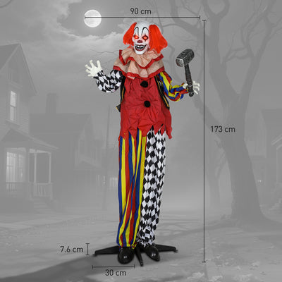 Outsunny 173 cm Life Size Halloween Animated Standing Clown & Hammer with Red Light Up Eyes, Sound Activated Moving Arms & Head, Scary Clown Halloween Decorations, Battery Operated, Indoor Party Props 