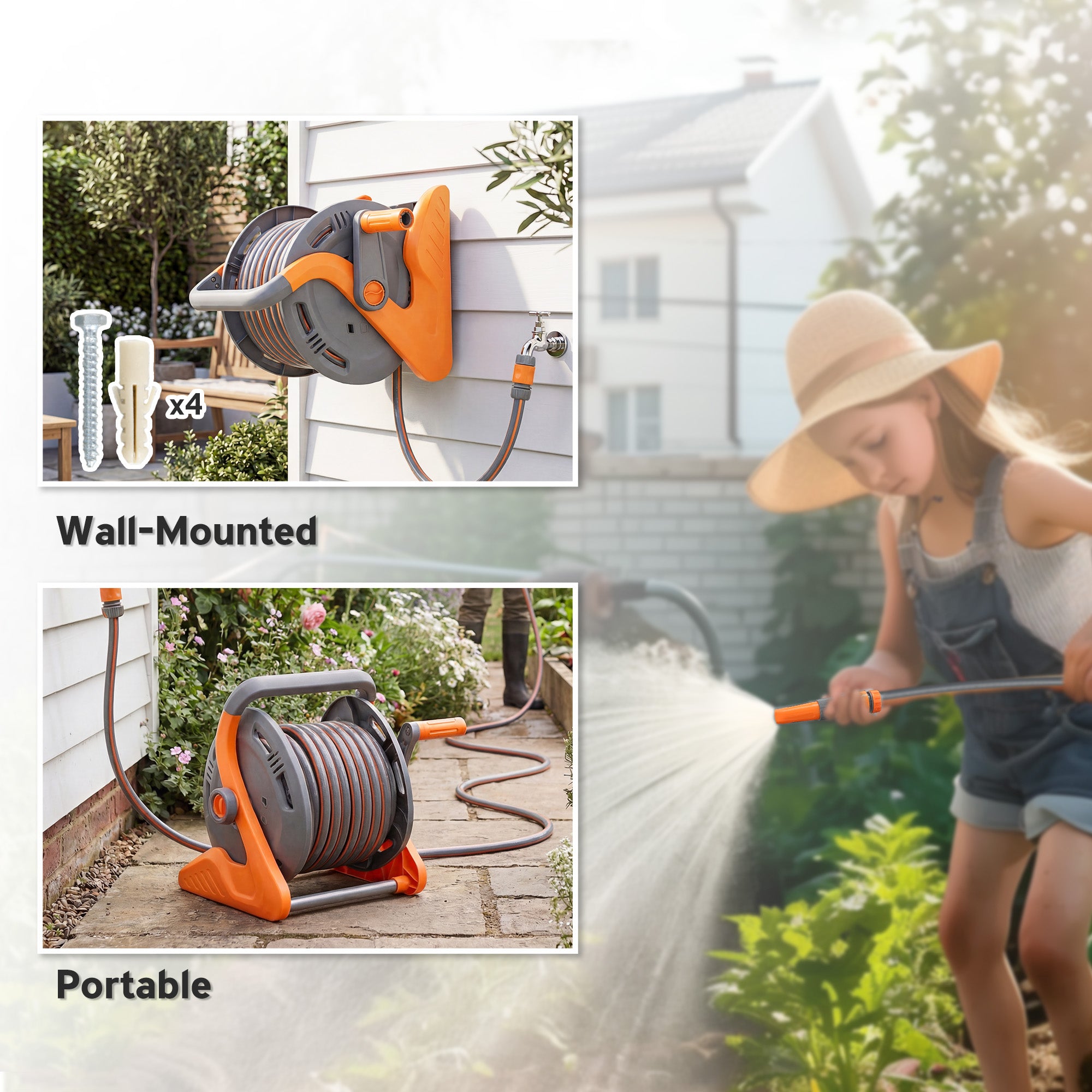 Outsunny Portable Garden Hose Reel, 20+2 m Wall Mounted Hose Reel with 2 Patterns Spray Nozzle and Crank Handle, Orange 