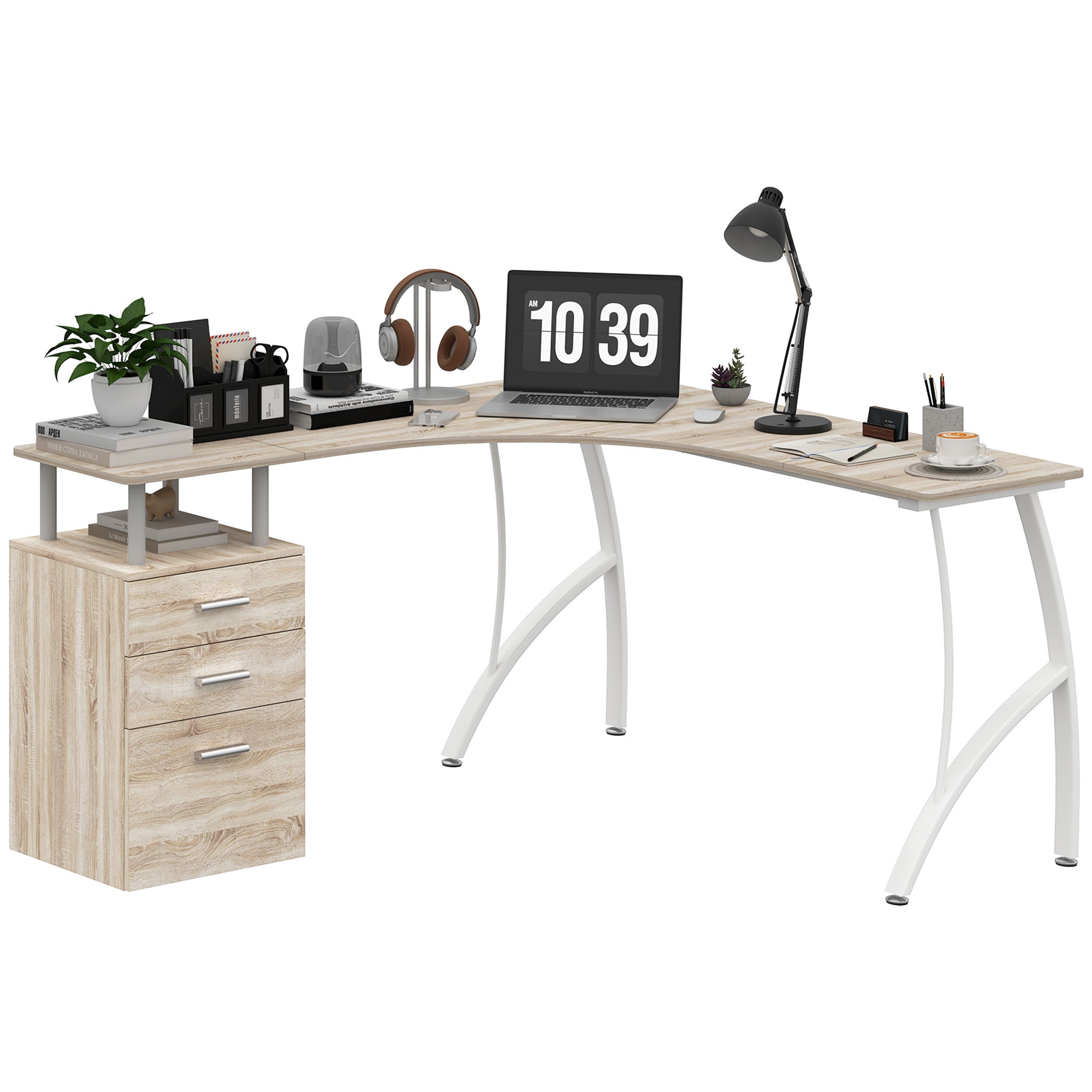 HOMCOM L-Shaped Computer Desk Table with Storage Drawer, Home Office Desk Corner Industrial Style Workstation for A4 Files 143.5 x 143.5 x 76cm, Oak 
