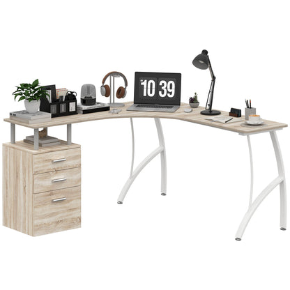 HOMCOM L-Shaped Computer Desk Table with Storage Drawer, Home Office Desk Corner Industrial Style Workstation for A4 Files 143.5 x 143.5 x 76cm, Oak 