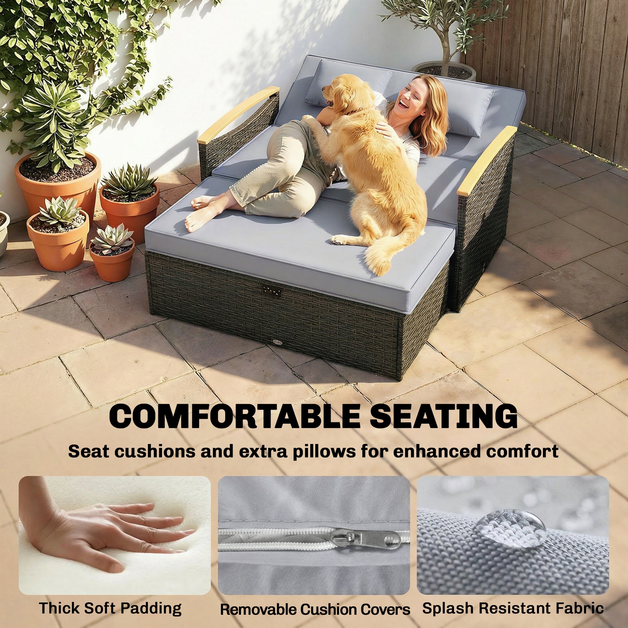 Outsunny Double Garden Rattan Daybed, Wicker Sun Bed Chaise Lounger with Storage Ottoman, 4-Level Adjustable Backrest, Dark Grey 