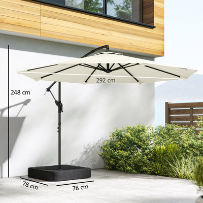 Outsunny 3 m Garden Cantilever Parasol with Cross Base, Sandbag, 360° Rotating Overhanging Banana Umbrella, Cream White 