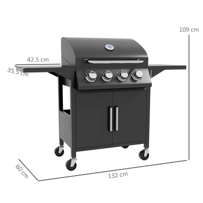 Outsunny 4 Burner Gas BBQ Grill Outdoor Portable Barbecue Trolley w/ Warming Rack, Side Shelves, Storage Cabinet, Thermometer 