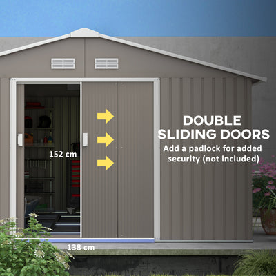 Outsunny 13 x 11ft Garden Metal Storage Shed Outdoor Storage Shed with Foundation Kit Ventilation & Doors, Light Grey 