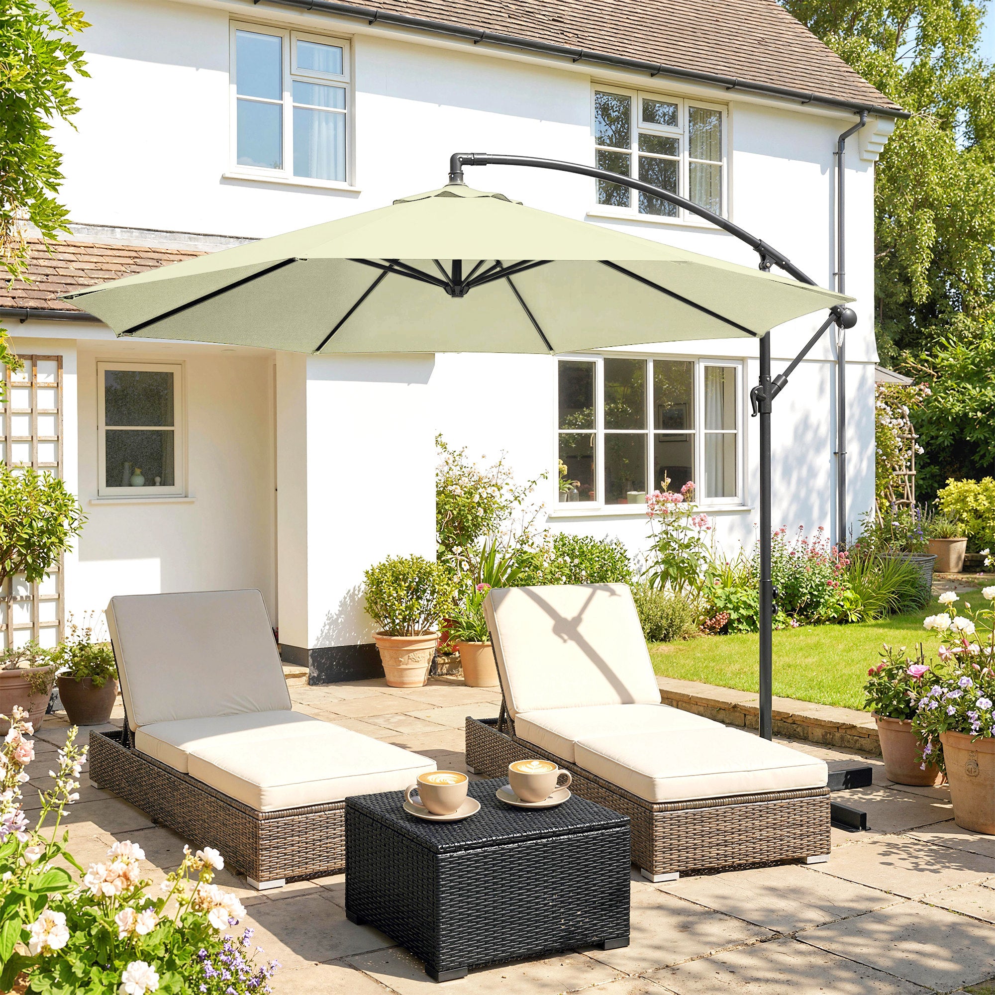 Outsunny 3m Overhanging Cantilever Parasol, with Cross Base - Beige 