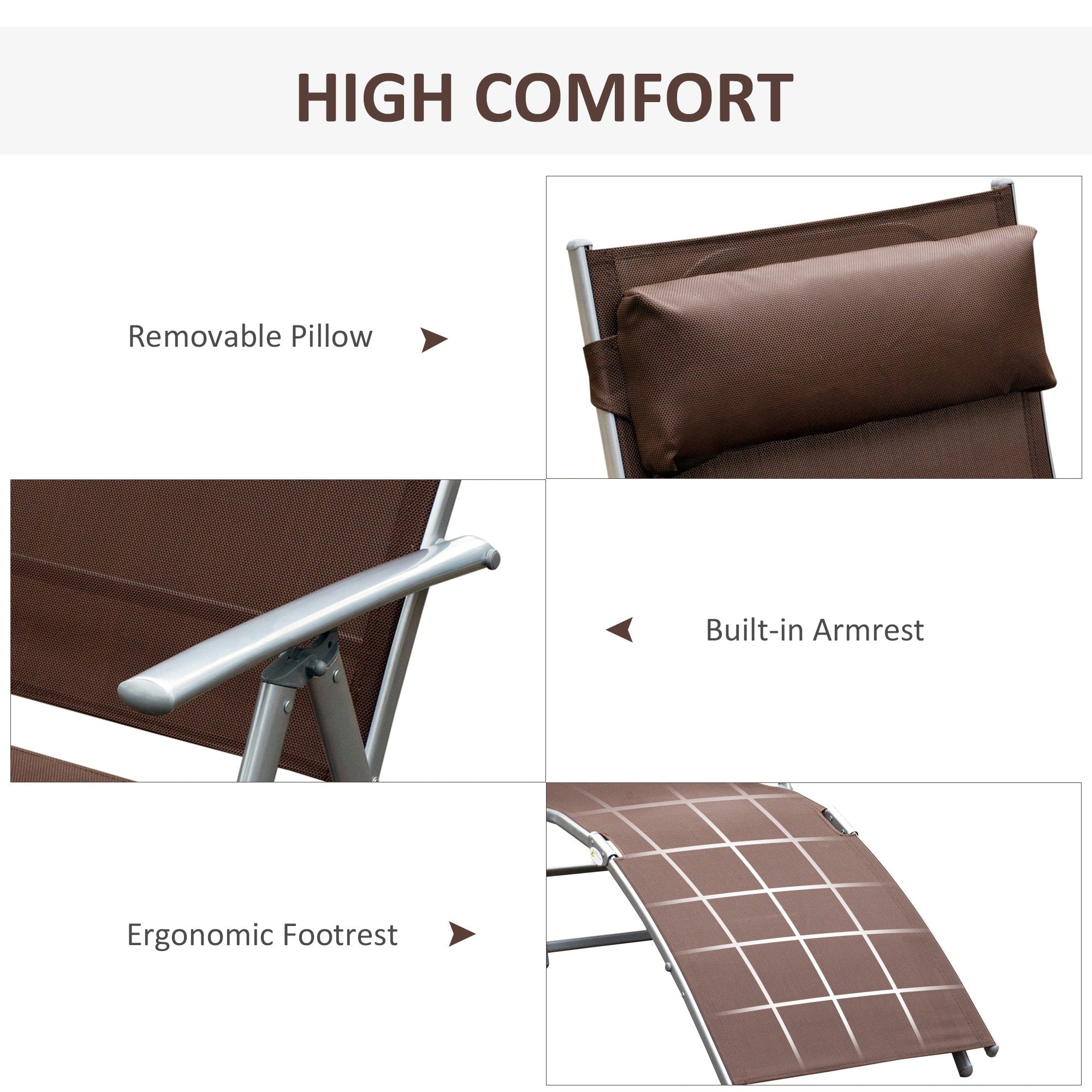 Outsunny Sun Lounger Steel Frame Outdoor Folding Chaise Texteline Lounge Chair Recliner with Headrest & 7 Levels Adjustable Backrest, Brown 