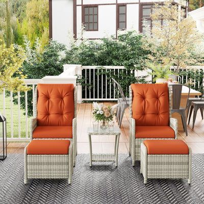 Outsunny 5 Pieces Rattan Bistro Set with Adjustable Back, Reclining Wicker Balcony Furniture with Cushions, Glass Top Coffee Table and Footstools, Outdoor Table and Chairs, Orange 