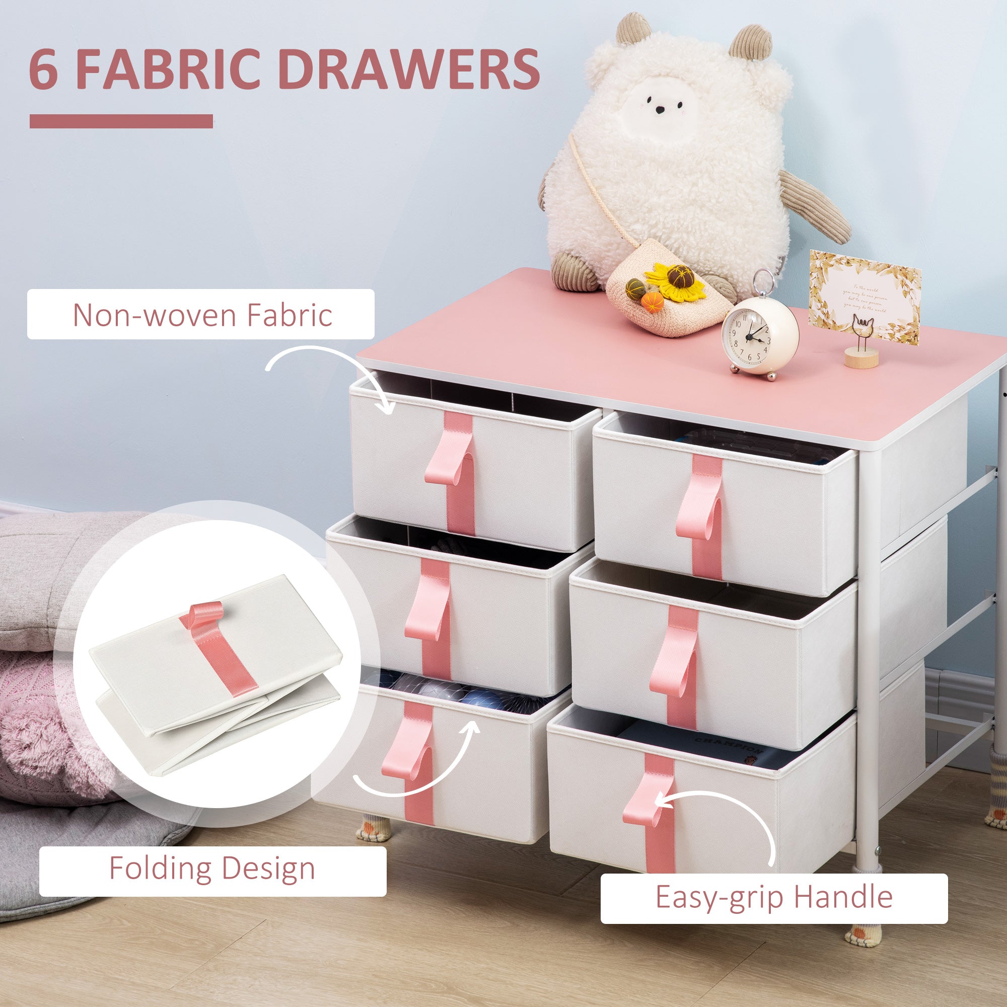 HOMCOM Chest of Drawers, Cloth Organizer Unit with 6 Fabric Drawers, Metal Frame and Wooden Top, Storage Cabinet for Kids Room, Living Room, Closet, Hallway, Pink 
