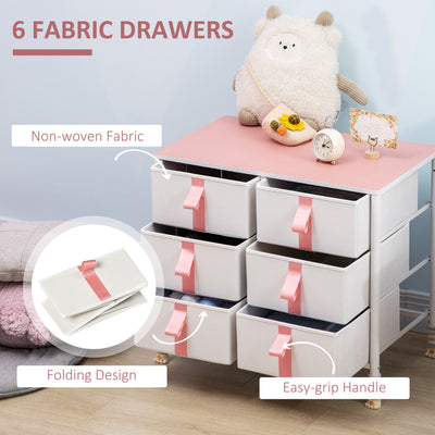 HOMCOM Chest of Drawers, Cloth Organizer Unit with 6 Fabric Drawers, Metal Frame and Wooden Top, Storage Cabinet for Kids Room, Living Room, Closet, Hallway, Pink 