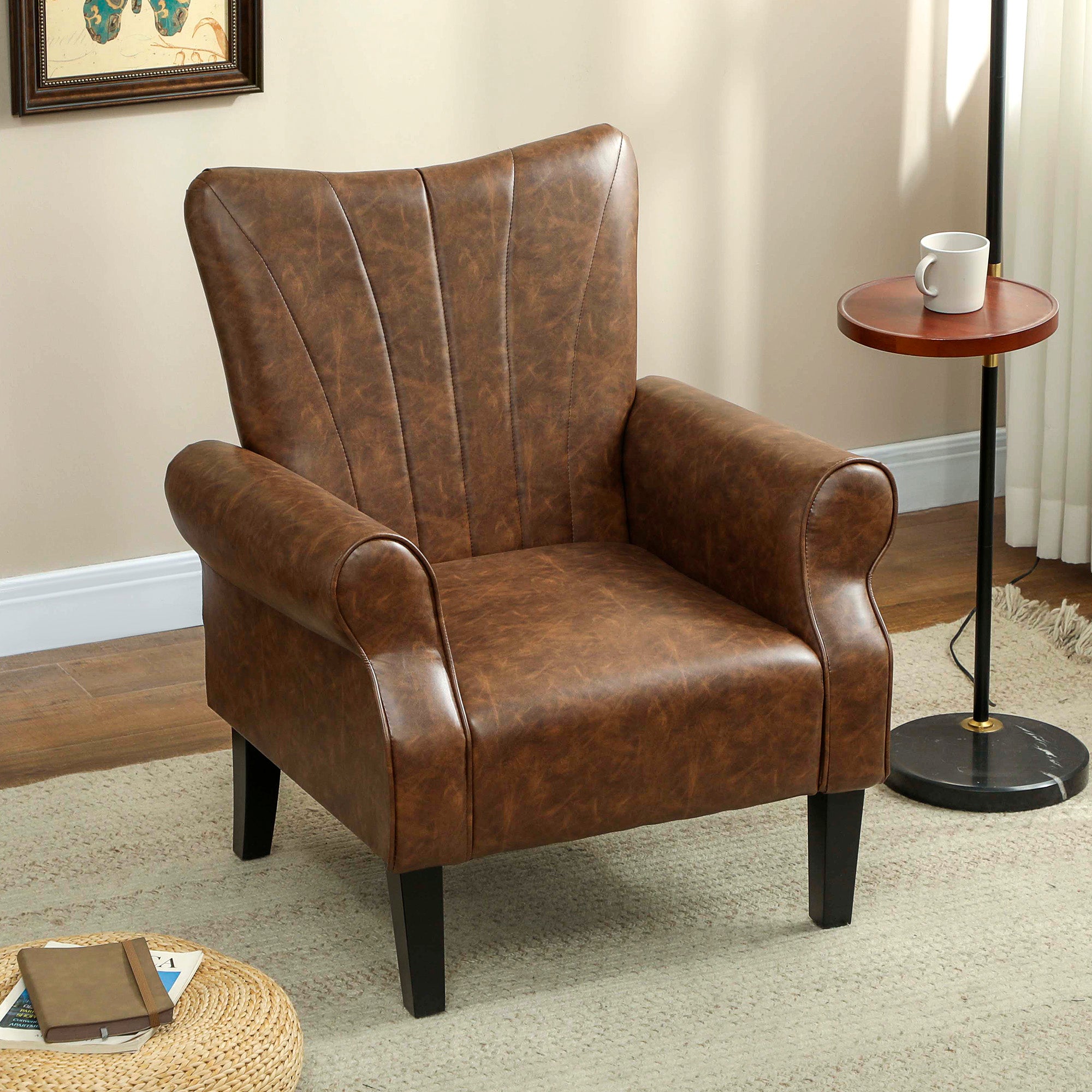 HOMCOM Upholstered Accent Chair with Rolled Arms and Wood Legs, Armchair for Living Room Bedroom, Brown