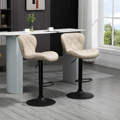 HOMCOM Bar Stools, Set of 2 Breakfast Bar Chairs, Swivel Barstools with Backrest and Footrest, Steel Frame Diamond Pattern PU, for Kitchen Counter, Dining Room, Light Khaki 