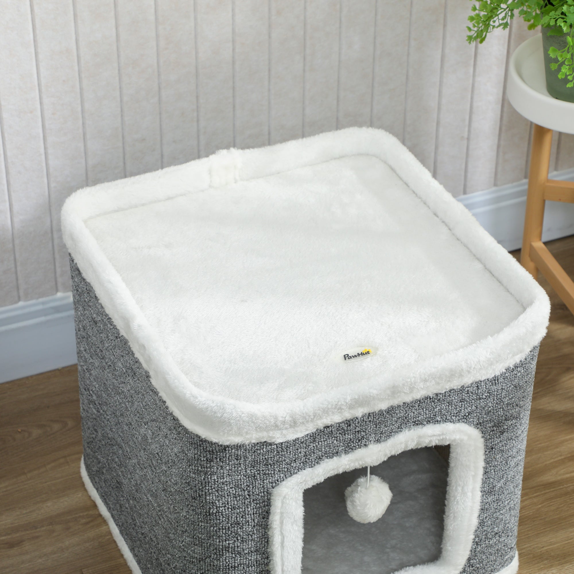 PawHut Cat House for Indoor Kittens, 2-Level Cat Cave Bed with Fluffy Balls, Top Bed, Kitten Barrel for Multi Kitties, Grey 