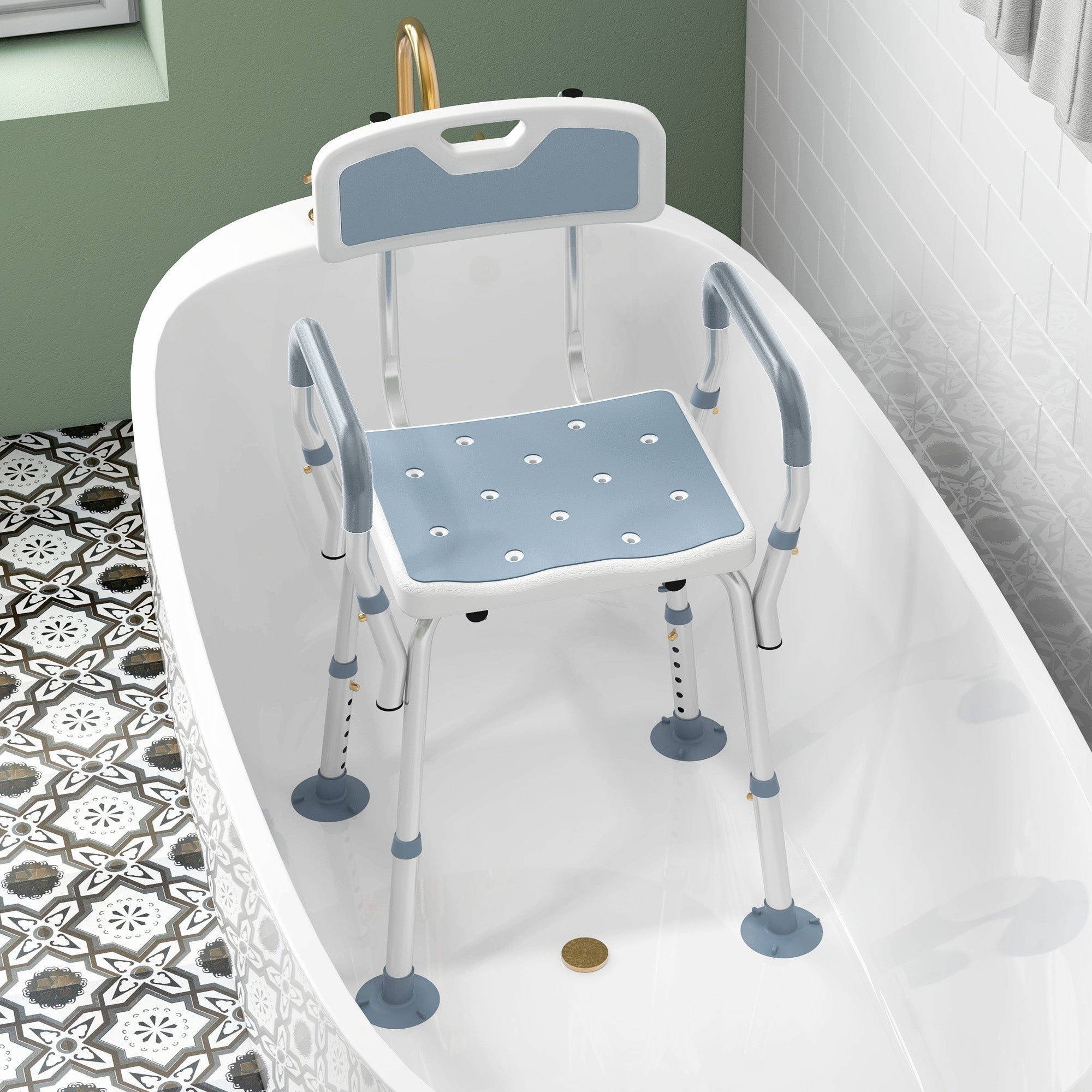 HOMCOM EVA Padded Shower Chair for the Elderly and Disabled, Height Adjustable Shower Stool with Back and Arms, 4 Suction Foot Pads, Light Blue 