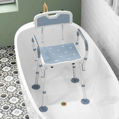 HOMCOM EVA Padded Shower Chair for the Elderly and Disabled, Height Adjustable Shower Stool with Back and Arms, 4 Suction Foot Pads, Light Blue 
