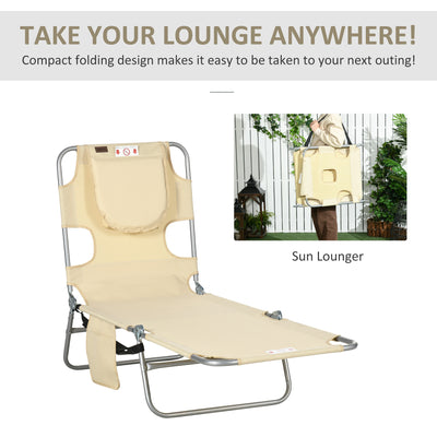 Outsunny Foldable Sun Lounger, Beach Chaise Lounge with Reading Hole, Arm Slots, 5-Position Adjustable Backrest, Side Pocket, Pillow for Patio, Garden, Beach, Pool, Beige 