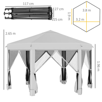 Outsunny 3.2m Pop Up Gazebo Hexagonal Canopy Tent Outdoor Sun Protection with Mesh Sidewalls, Handy Bag, Light Grey