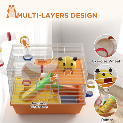 PawHut 3 Tiers Gerbil Cage, Hamster Cage with Tubes, Exercise Wheel, Ladder, Top Handle, 45 x 28 x 37cm - Orange 