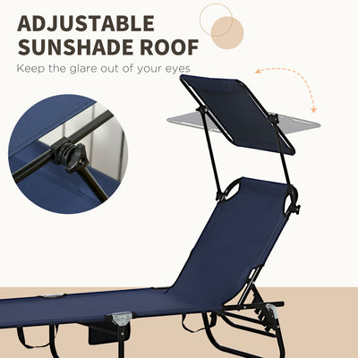 Outsunny 2 Piece Folding Sun Loungers with Canopy, Adjustable Recliner Garden Chairs with Side Pocket, Steel Frame and Breathable Mesh for Outdoor, Pool, Beach, Garden, Dark Blue 