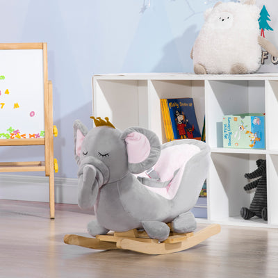 HOMCOM Kids Elephant-Designed Rocking Horse, with Safety Belt, Wooden Base, for Ages 18-36 Months - Grey 