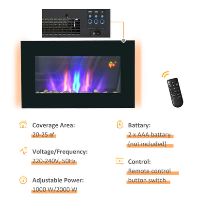 HOMCOM 1000W/2000W Electric Wall Fireplace w/ LED Flame Effect Timer Remote Sleek Stylish Safe Home Heating 20-25㎡ 