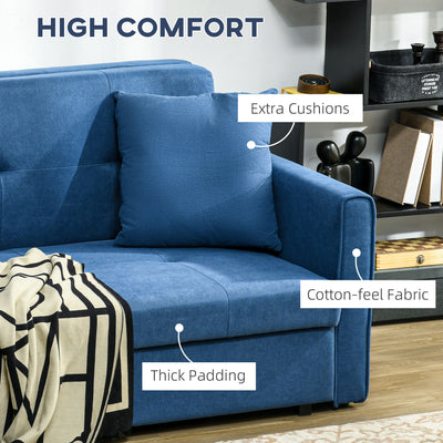 HOMCOM 2 Seater Sofa Bed, Convertible Bed Settee, Modern Fabric Loveseat Sofa Couch with 2 Cushions, Hidden Storage for Living Room, Guest Room, Deep Blue 