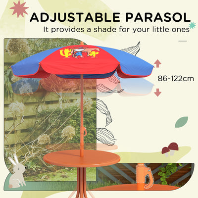 Outsunny Kids Picnic Table and Chair Set, Cowboy Themed Outdoor Garden Furniture w/ Foldable Chairs, Adjustable Parasol 