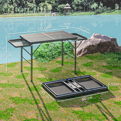 Outsunny Folding Grill Table, 4.5ft Portable Camping Table with 2 Wing Panels, Height Adjustable Metal Picnic Table for Camping, Picnic and BBQ, Black 