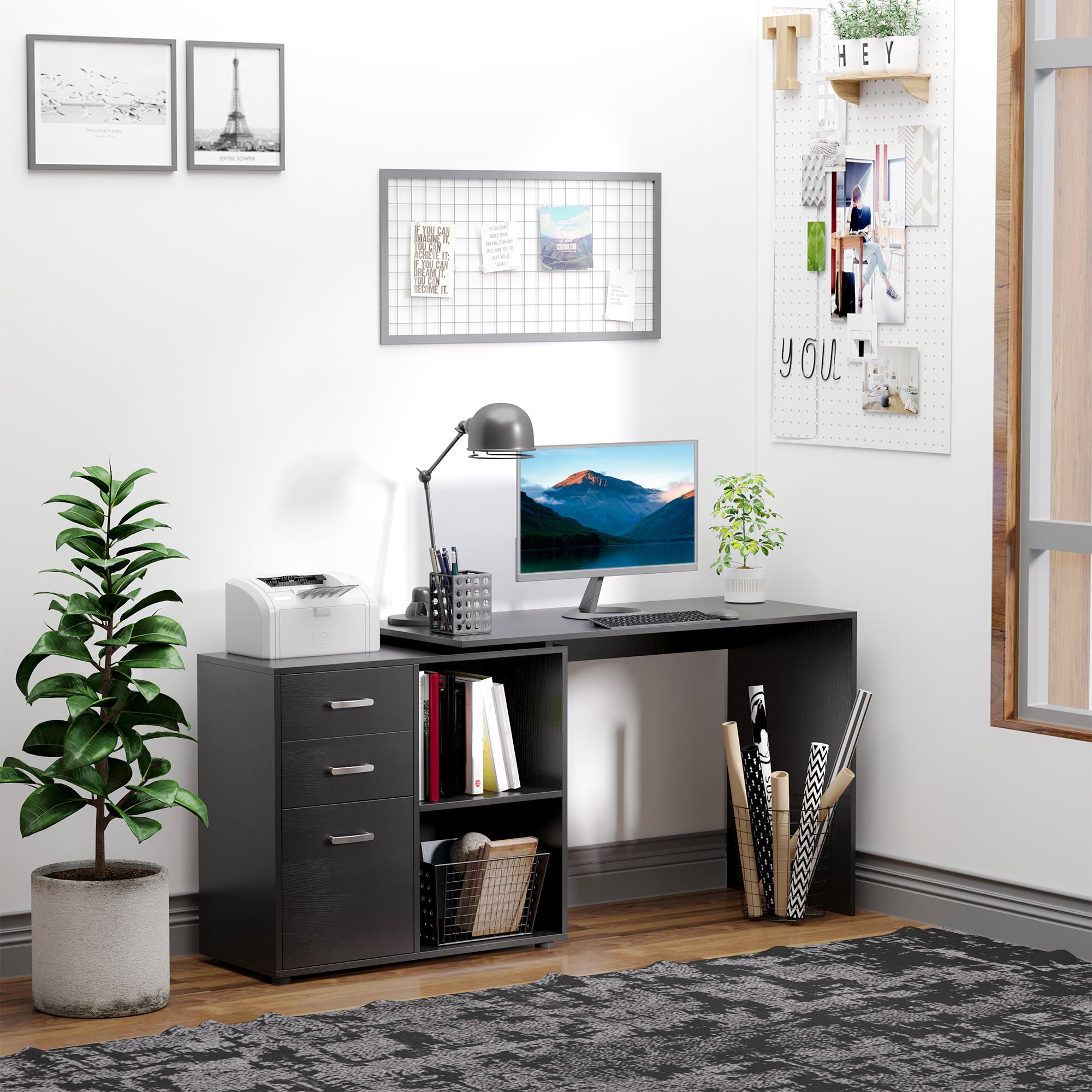 HOMCOM L Shaped Computer Desk, Reversible Home Office Desk with Drawers, File Cabinet and Storage Shelves, Study Table, 117 x 83.5 x 76cm, Black 