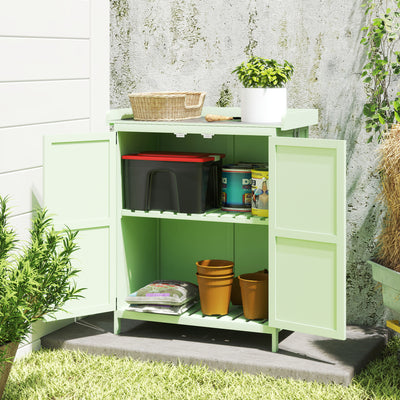 Outsunny Wooden Garden Shed, Garden Tool Storage Shed with Hinged Roof and Shelf, Outdoor Storage Cabinet with Double Doors, Light Green 