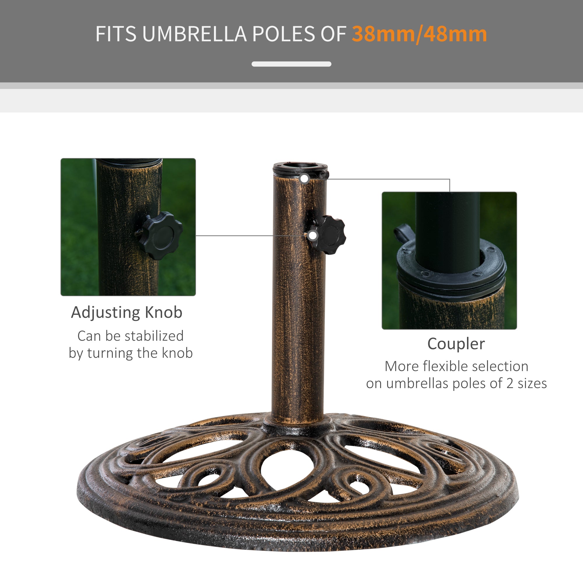 Outsunny 11.5 kg Cast Metal Round Patio Umbrella Base Stand, Umbrella Holder for Outdoor, Patio, Garden, Bronze Tone 