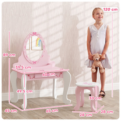 AIYAPLAY Kids Dressing Table Set, Vanity Table with Stool, Mirror, Drawer, Desktop Storage, Ballet Theme, Pink