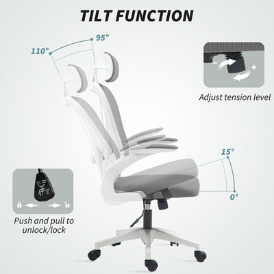 HOMCOM Executive Office Chair, Ergonomic Mesh High Back Desk Chair with Flip-up Armrest, Rotatable Headrest, Adjustable Lumbar Support, Swivel Computer Chair for Home Study, Grey 