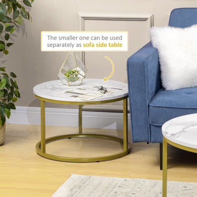 HOMCOM Coffee Table Set of 2, Round Nest of Tables with Faux Marble Tabletop and Metal Frame, Modern Side Tables for Living Room, White 