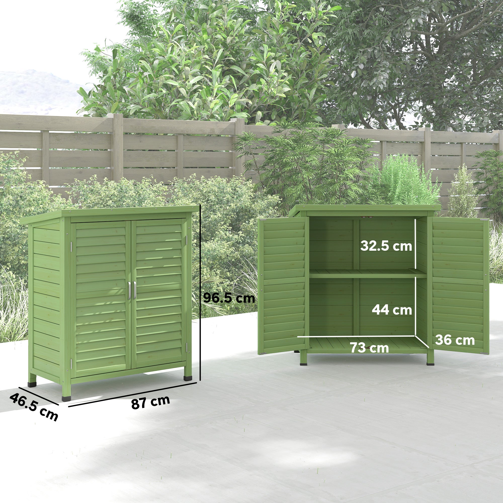 Outsunny Garden Shed Wooden Garden Storage Shed 2 Door Unit Solid Fir Wood Garage Tool Organisation Cabinet, 87L x 46.5W x 96.5Hcm, Green 