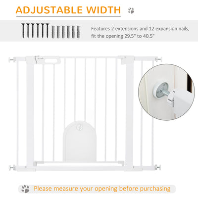 PawHut Dog Gate with Cat Flap Pet Safety Gate Barrier, Stair Pressure Fit, Auto Close, Double Locking, for Doorways, Hallways, 75-103 cm White 