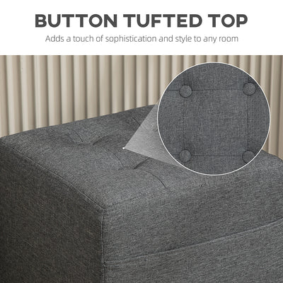 HOMCOM Square Footstool, Small Ottoman with Side Pocket, Linen Fabric Footrest Foot Stool with Rubber Wood Legs and Padded Seat for Living Room, Bedroom, Entryway, 35 x 35 x 35cm, Grey 