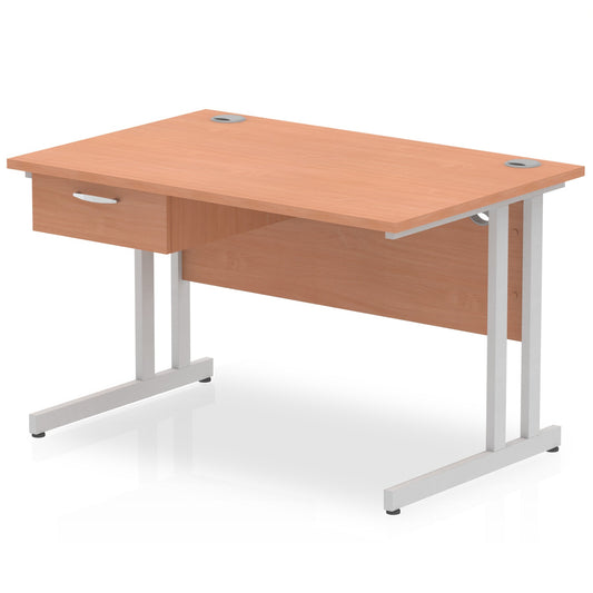 Impulse Cantilever Straight Desk Silver Frame With Single One Drawer Fixed Pedestal