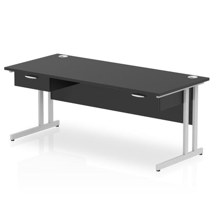 Impulse Cantilever Straight Desk Silver Frame With Two One Drawer Fixed Pedestals