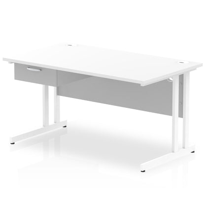 Impulse Cantilever Straight Desk White Frame With Single One Drawer Fixed Pedestal